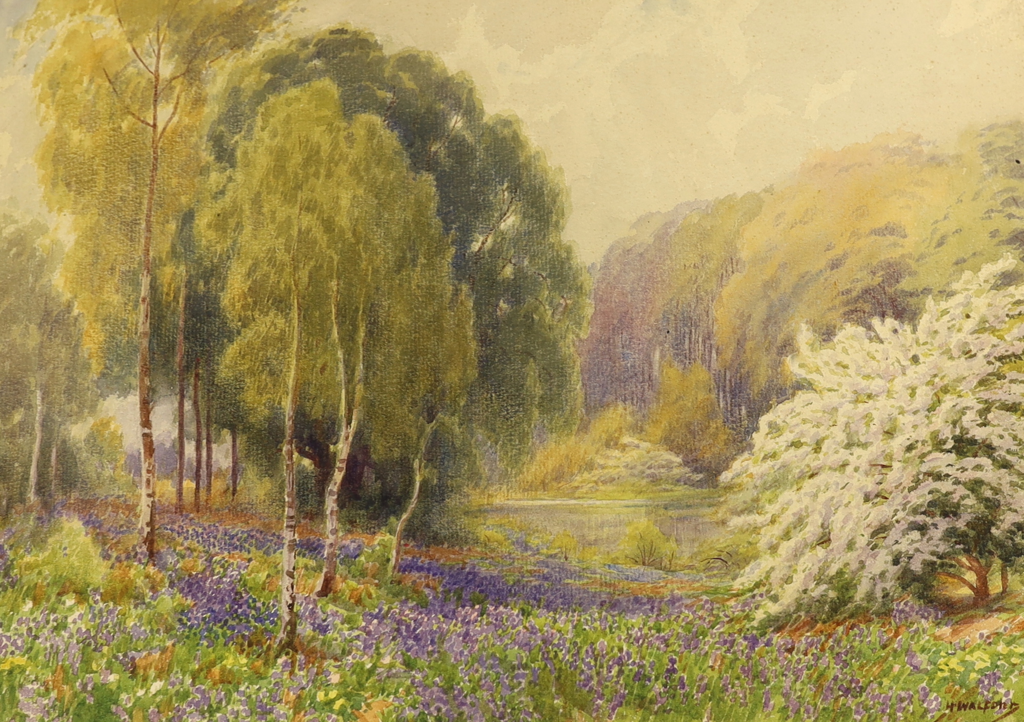 Howard Walford (1864-1950) two watercolours on card, ‘Cottage garden’ & ‘The Bluebell Valley’, each signed, largest 38 x 27cm, unframed